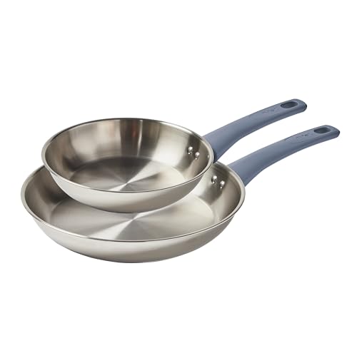 T-fal Essentials Stainless Steel Fry Pan Set 2 Piece, 8" and 10.5", Induction Compatible Oven Safe 350F, Pots and Pans Set, Cooking Skillets, Cookware, Kitchen Frying Pans, Dishwasher Safe Silver/Blue