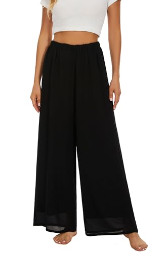 Womens Lightweight Evening High Elastic Waisted Wide Leg Dressy Pants Casual Flowy Trousers