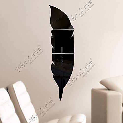 Image of Bikri Kendra - Plume Solid Feather Black Mirror Stickers for Wall, Wall Mirror Stickers, 3D Acrylic Stickers, Wall Stickers for Hall Room, Living Room Bed Room, Kitchen (BlackSolid)