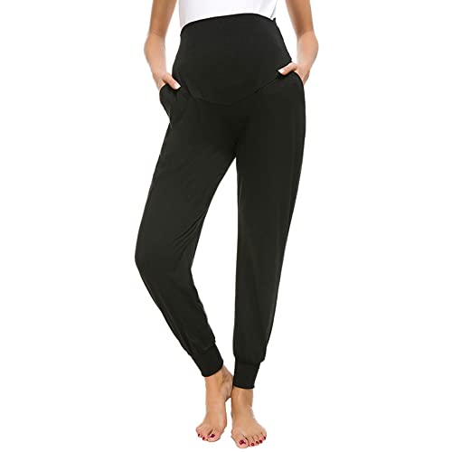 Zenicham Women's Maternity Pants Super Soft Jogger Sweatpants With Pockets Black #TOP4