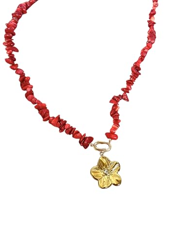 twelve gemstones Red Coral Beaded Necklace, 18K Gold Plated Carabiner