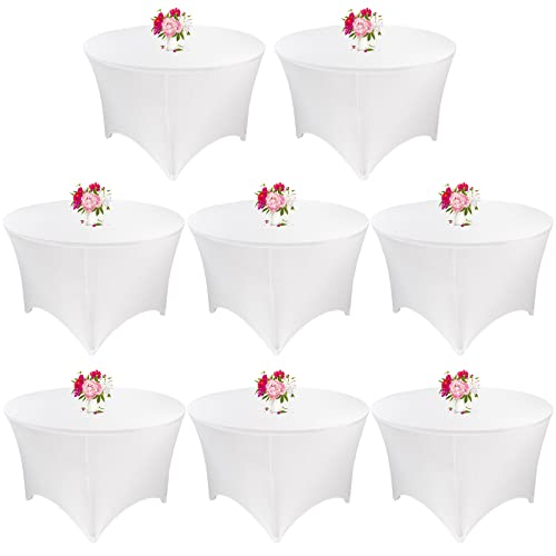 JALANCY 8 Pack 5FT Round Spandex Tablecloth 60” White Round Elastic Table Cover Washable Wrinkle Resistant Fitted Stretch Table Cover for Wedding Party Birthday Banquet Bar Events