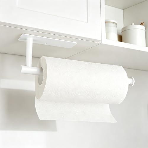 Image of White Paper Towel Holder, Self Adhesive Paper Towel Roll Holder Under Cabinet, Stainless Steel Wall Mount Towel Paper Holder for Kitchen, Bathroom, RV