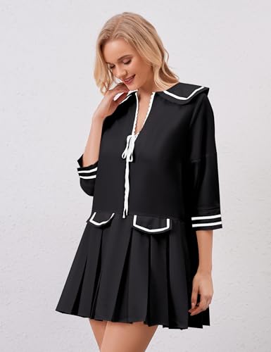 Image of Women Cute Ruffle Tunic Mini Dress Summer Pleated Babydoll Shirt Dress Casual Loose V Neck 3 /4 Sleeve Short Sundress Black