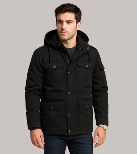 Image of L'MONTE Men's Heavy-Duty Winter Jacket - Cotton Outdoor Coat with Fleece Lining, Detachable Hood, and Multi-Pockets - Warm, Windproof & Stylish for Cold Weather