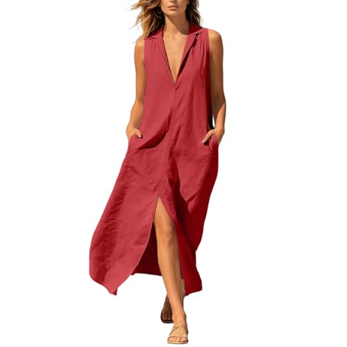 Caxndycing Vestidos de mujer de doble capa largos de lino, sin mangas, maxi vestido con botones, elegante, informal, línea A, tallas grandes, vestido bohemio, vestido de fiesta, vestido swing, rojo, M