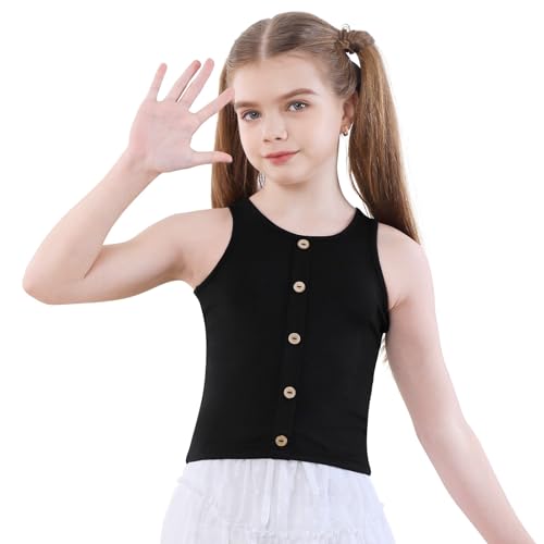 Image of B&GCozy Girls Crop Tops Cute Button Shirt Sleevelss Yoga Dance 6-15 Year