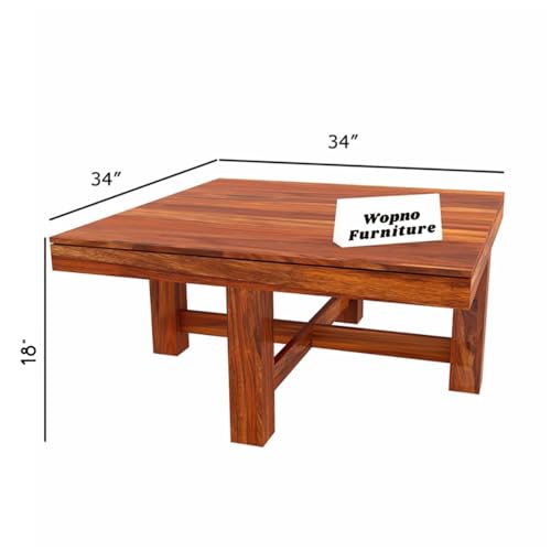 Image of Solid Sheesham Wood Coffee Table with 4 Stool | Center Table with 4 Stools for Living Room | Rosewood Teapoy Table with Cushioned Stool (Ornate,Honey Finish)