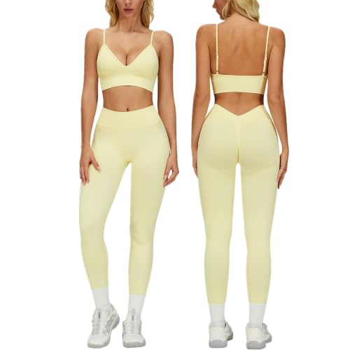 SEAKWE Workout Sets for Women 2 Piece Adjustable Spaghetti Strap Sports Bra and High Waisted V-Back Leggings for Yoga Gym Pilates Butter Yellow L