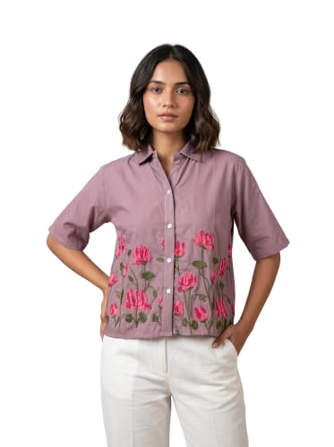 Image of Stylish Women's Embroidered Shirts | Geometric Pattern Half Sleeve Collared Button-Up Casual Shirt for Women