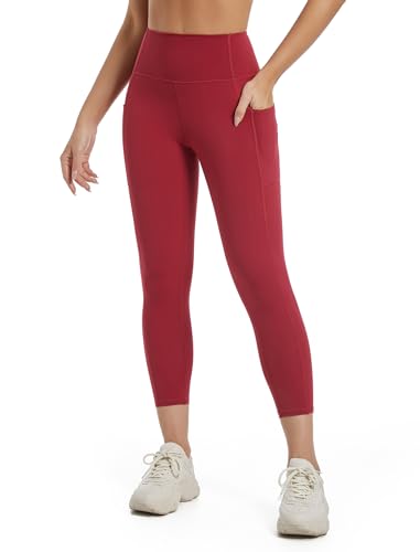 Taze'ne 7/8 Leggings with Pockets, Womens Workout Capri Legging with High Waist Tummy Control Rosered