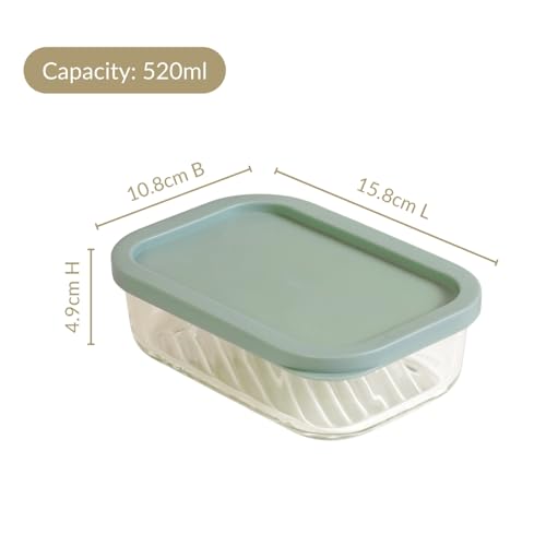 Image of Nestasia Groovo Glass Containers for Fridge Storage Set of 4 (520ml Each) - Transparent Stackable Glass Container with Lid, Microwave & Dishwasher Safe Containers with Ribbed Texture (Green)