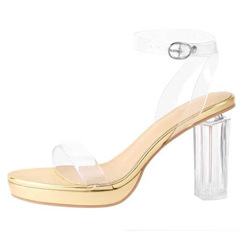 Image of ZriEy 4-Inch Platform Clear High Heels for Women Block Chunky Heeled Sandals Open Toe Ankle Strap Heels Wedding Party Evening Prom Dress Pump Sandal Shoes