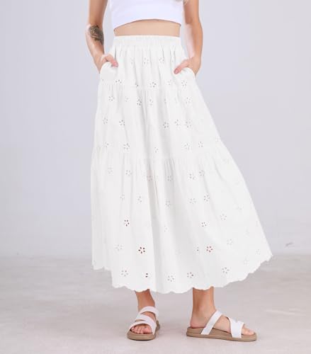 chouyatou Women's Lace Embroidery Eyelet Boho Skirt High Elastic Waisted Flowy Swing Midi Long Skirt2