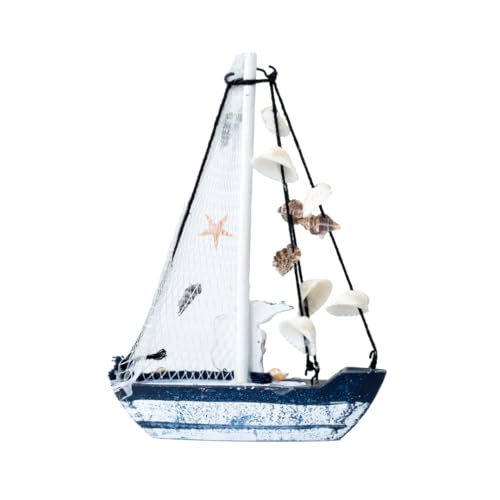 Image of Wooden Decorative Sailboat Nautical Model Showpiece - 15x4x22 cm | Miniature Sailing Boat Showpiece for Home Decor, Living Room, Office & Table Desk Decoration | Faded Blue-Sea Gull