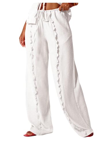 GORGLITTER Women's Wide Leg Pants Low Rise Linen Palazzo Pants Trousers Bottoms