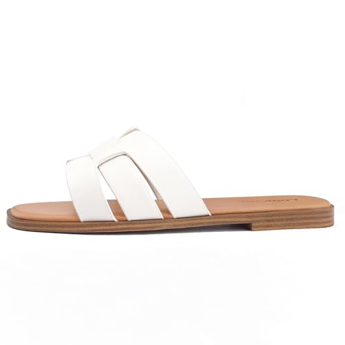 Image of Flat Sandals for Women Comfortable Slip On Dressy Summer Leather Slides with Square Open Toe