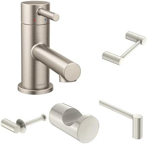 Moen Align Modern Bathroom Set - Single Handle Low Profile Faucet, 24-Inch Towel Bar, Pivoting & Single Post Toilet Paper Holders, Robe Hook in Brushed Nickel