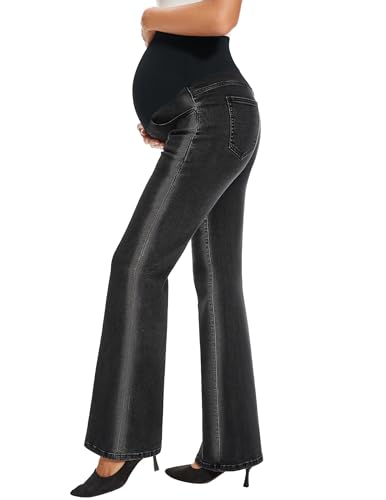Image of GLAMIX Women's Stretch Maternity Bootcut Jeans with Pockets Over The Belly Bell Bottoms Flare Denim Pants Pregnancy Clothes