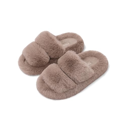 SOULROSE Womens Slipper Open Toe Fuzzy House Slippers for Woman Platform Indoor Outdoor Cross Band Slippers with Anti-Slip Sole Furry Bedroom Memory Foam Gift Shoes
