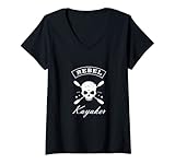 Womens Kayaking Rebel Skull and Crossbones V-Neck T-Shirt