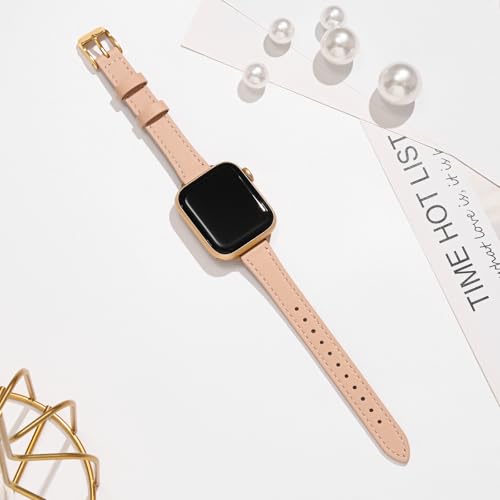 Image of STIROLL Slim Leather Bands Compatible with Apple Watch Band 38mm 40mm 41mm 42mm(Series 11 10), Top Grain Leather Watch Thin Wristband for iWatch SE 9 8 7 6 5 4 3 2 1 (Pale pink with Gold)