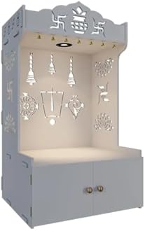 HomScape Intricate White Floor Temple with Spacious Shelf inbuilt Focus Light Wooden | Home Temple with Focus Light and Shelf with Door | Perfect for Office OR Home