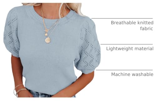 Image of Womens Short Sleeve Sweaters Crewneck Knit Pullover Tops 2025 Summer Casual Lightweight Crochet Blouse Shirt