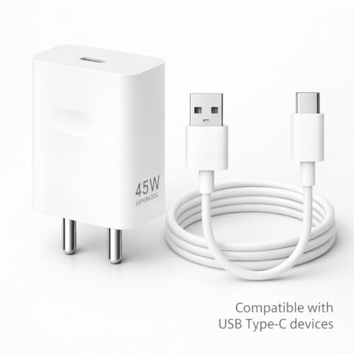 Image of 45W SuperVOOC Fast Charger Adapter with USB to C Cable Compatible with realme GT Neo 3, GT 2 Pro, GT Neo 2, X50 Pro, X7 Pro, 9 Pro+, 10 Pro+, 11 Pro, 11 Pro+ (45W Adapter & Cable), White