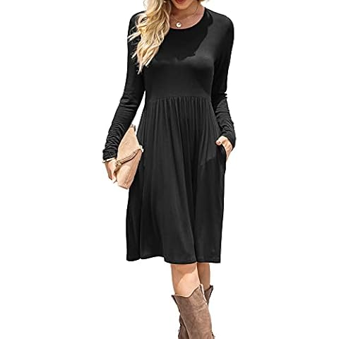 DB MOON Women Casual Long Sleeve Dresses Empire Waist Loose Dress with Pockets (Black, XL) Cover