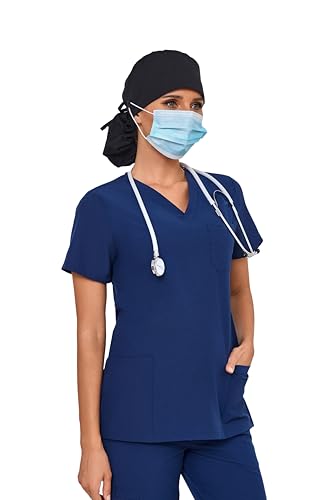 Image of Satin Lined Scrub Cap for Women, Bouffant Nurse Cap with Sweatband and Buttons, Adjustable Surgical Hat for Curly Hair, Braids, Long Hair and Buns, Blk+Tooth blk