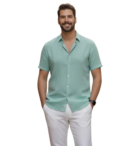 Image of Glowic Men Linen Shirt Casual Regular Fit Solid Stylish Summer Wear Shirt for Office Party Beach Holiday Lightweight Breathable Fashion Shirt