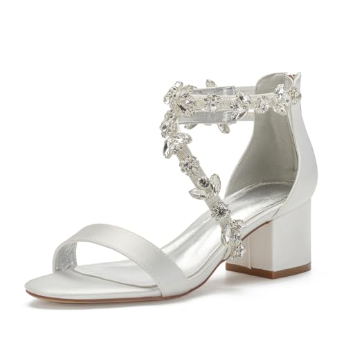 Image of Anna's Bridal Women's Low Block Heel Sandals Chunky Ankle Strap Crystal Wedding Dress Shoes Low Heel Comfortable Pump Sandals