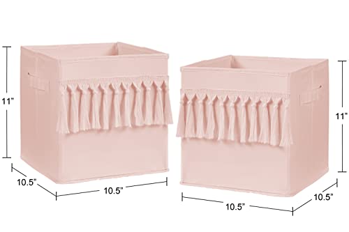 Sweet Jojo Designs Pink Boho Bohemian Foldable Fabric Storage Cube Bins Boxes Organizer Toys Kids Baby Childrens - Set Of 2 - Solid Color Blush Shabby Chic Luxury Vintage Designer Tassel Fringe #TOP2