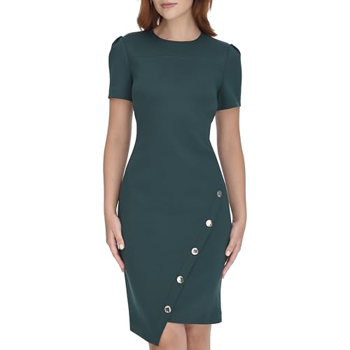 Image of Tommy Hilfiger Women's Short Sleeve Jewel Neck Colorblock Studded Asymmetrical Hem Crepe Mini Dress