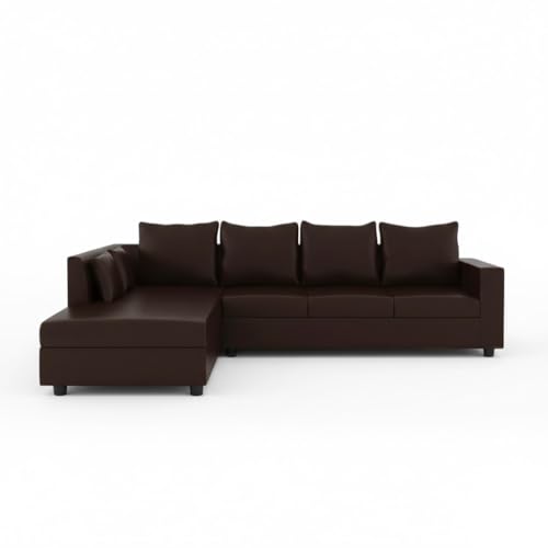 Image of FURNY Harloy 5 Seater LHS L Shape Leatherette Sofa Set (Brown) in Premium Finish | Durable Comfort | Ideal for Living Room