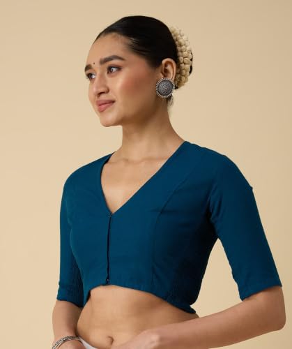Image of Studio Shringaar Women's Thick Handloom Cotton Plain Side Stretch (Smocked) Readymade Saree Blouse