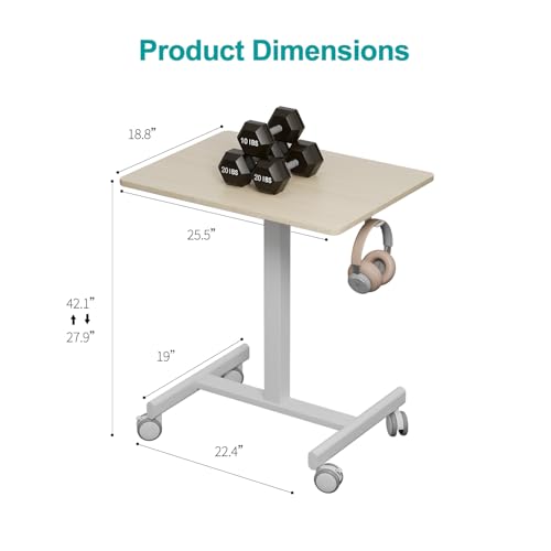 Image of Mobile Desk on Wheels, Pneumatic Height Adjustable, Maple+White | 18.9 x 25.6 in Desktop, 26.1-40.1 in Height, Pneumatic Lift, T-Shaped Single Column Base, Lockable Casters, 22 lb Capacity