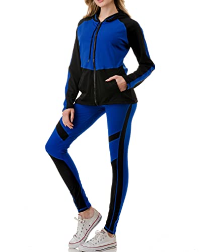 Jvini Women's Tracksuit Set 3- Piece - Full Zip Active Hooded Jackets- Racerback Tank & High Waist Leggings Blue/Black Size L/Xl Us (8-12) #TOP3