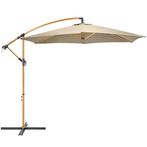 Image of CHRISTOW Banana Parasol 3m – Taupe, Steel Frame with Wood Effect Finish, Large Cantilever-Style Umbrella for Garden Patio, Overhanging Canopy, UPF30+ UV Protection, Crank Handle & Locking Lever