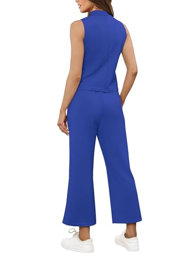 Image of SAMPEEL Two Piece Sets for Women Summer Outfits Lounge Sets Mock Neck Tops Wide Leg Crop Pants Vacation Travel Outfits