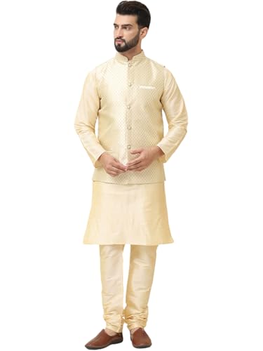 Image of SOJANYA (Since 1958 Men's Silk Blend Kurta Pyjama With Self Design Nehru Jacket