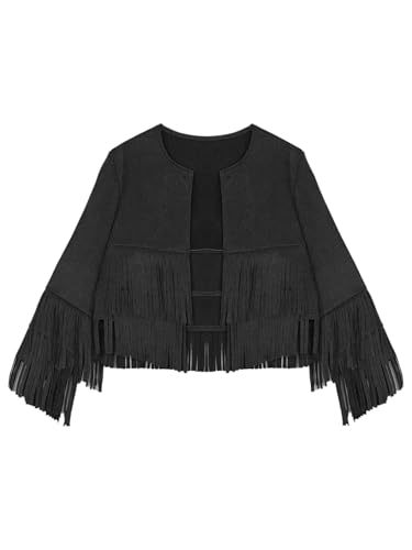 Girls Faux Suede Fringe Jacket Long Sleeve Boho Tassels Coat Western Cowboys Dress-up3