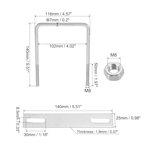 Image of PATIKIL M8x100x140mm Square U-Bolts Kit, 2Set 304 Stainless Steel Square U Shaped Bolts Replacement Parts with Frame Plates and Nuts for Ski Board Sailboat Trailer