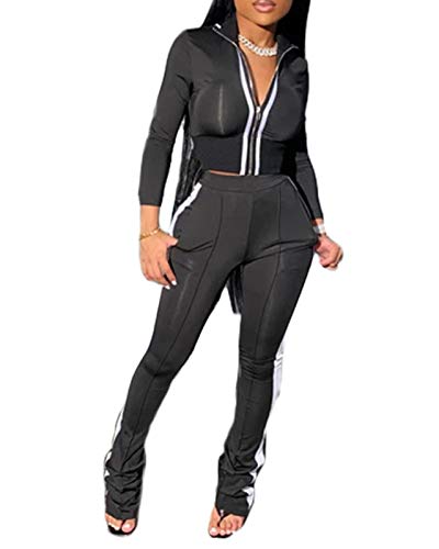 Sweatsuit for Women 2 Piece Plus Size - Two Piece Tracksuit Sets Crop Jacket Sweatpants Sets Activewear Black 2XL