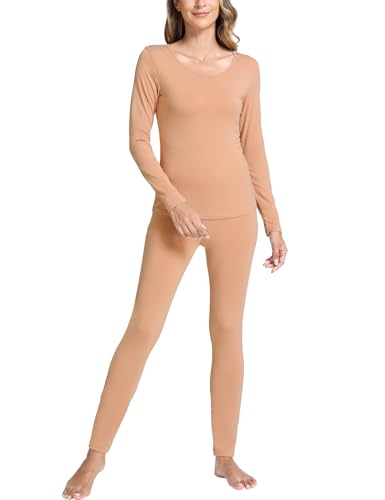 GYS Bamboo Viscose Long Johns Sets Thermal Underwear for Women Long Sleeve Base Layer, Light Brown, Medium