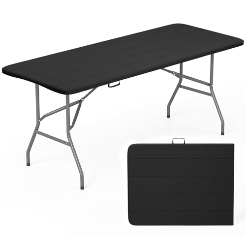 Image of FDW 6 FT Folding Table, Portable Plastic Table with Carrying Handle Perfect for Indoor, Outdoor, Party, Dining, Wedding, Events, Camping, Black Wood Grain