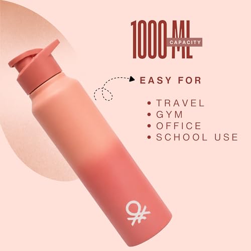 Image of United Colors of Benetton 1L (1000ML) Stainless Steel Water Bottle, Single Wall, Lightweight, Durable, Leak-Proof Cap, BPA-Free, Rust Resistant, Easy to Clean, Travel /Gym /Office /School Use