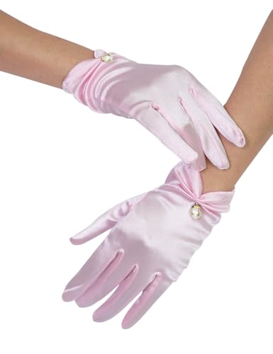 QRBTSCL Women's Short Satin Gloves for Wedding Wrist Short Evening Party Dressy Bridal Satin Gloves with Pearl Pink