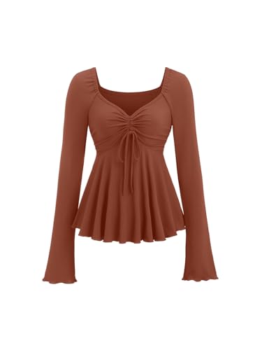 SOLY HUX Women's Long Sleeve Babydoll Tops Y2k Peplum Cute T Shirts